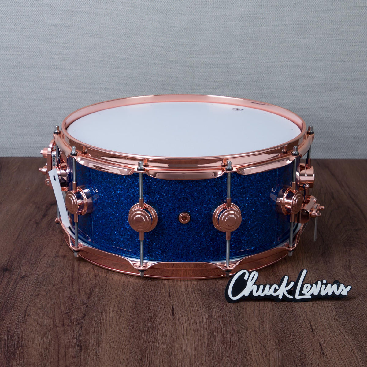 DW 6 x 14-Inch Collector's Pure Oak Snare Drum - Blue Glass with Copper Hardware - View 4 | MusicMarket