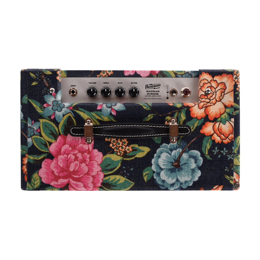 Benson Nathan Junior Reverb 5w 1x10 Combo Amp Navy Blue Floral w/ Wheat Cloth - Angle 3 | MUSICTONER