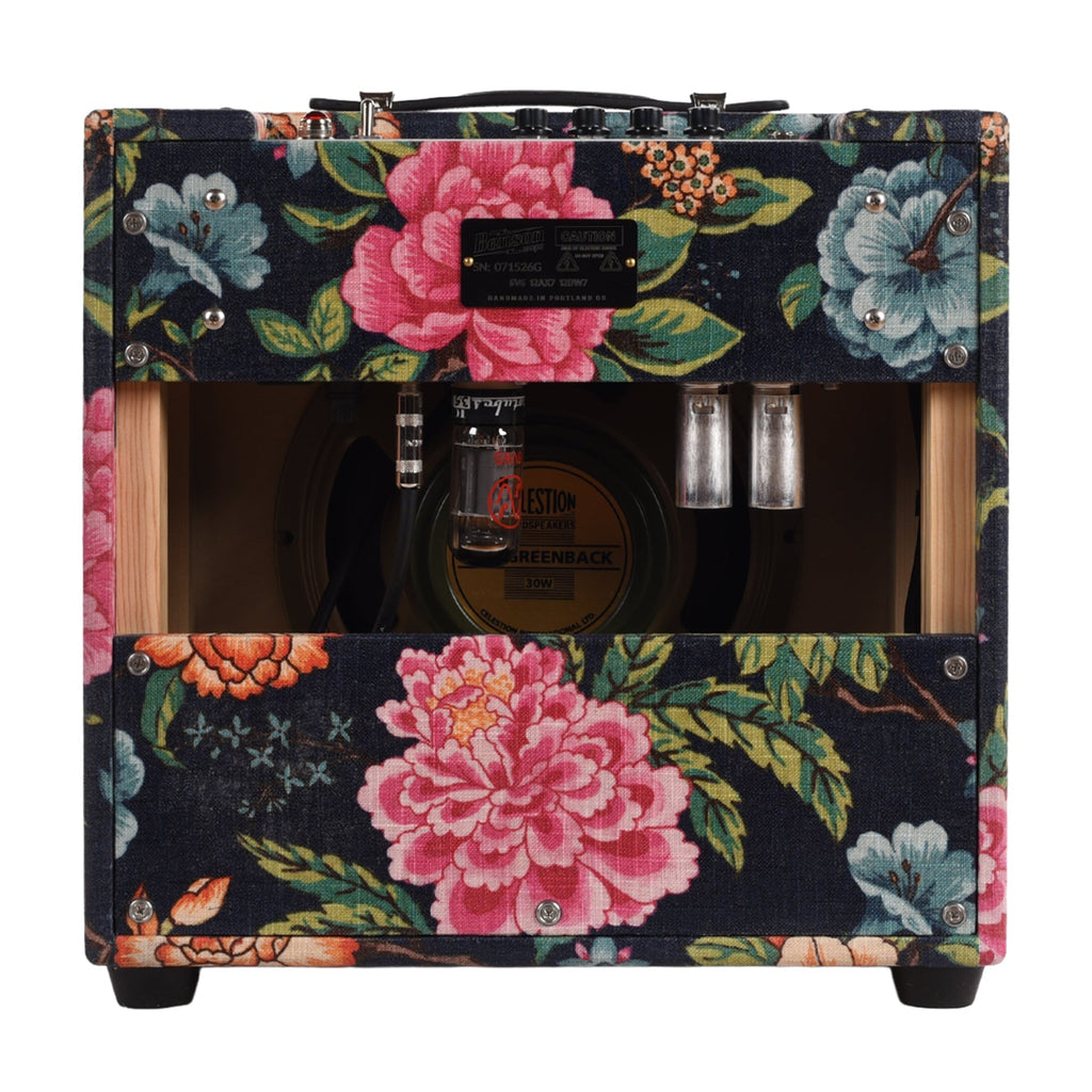 Benson Nathan Junior Reverb 5w 1x10 Combo Amp Navy Blue Floral w/ Wheat Cloth - Angle 4 | MUSICTONER