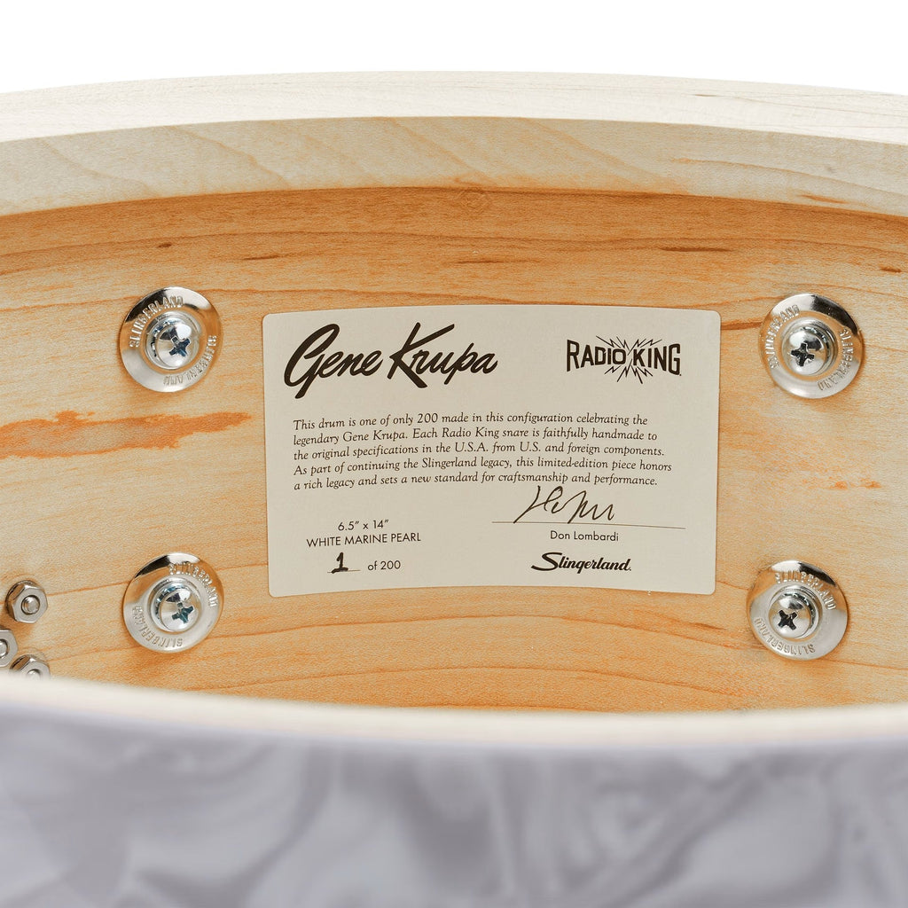 Slingerland 6.5 x 14-Inch Gene Krupa Radio King Solid Maple Snare Drum - White Marine Pearl - View 7 | MusicMarket