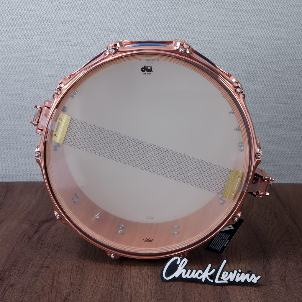 DW 6 x 14-Inch Collector's Pure Oak Snare Drum - Blue Glass with Copper Hardware - View 7 | MusicMarket