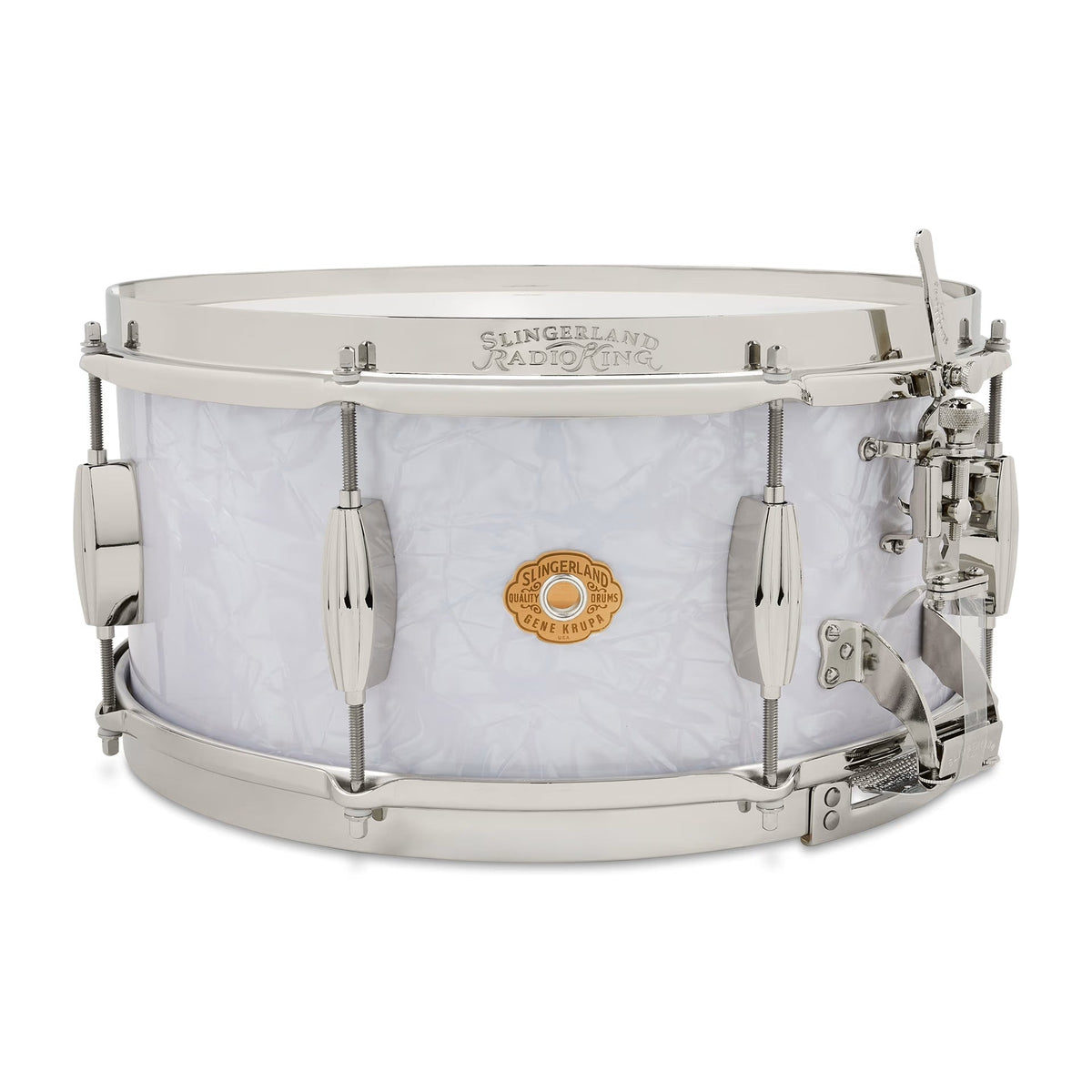 Slingerland 6.5 x 14-Inch Gene Krupa Radio King Solid Maple Snare Drum - White Marine Pearl - MusicMarket