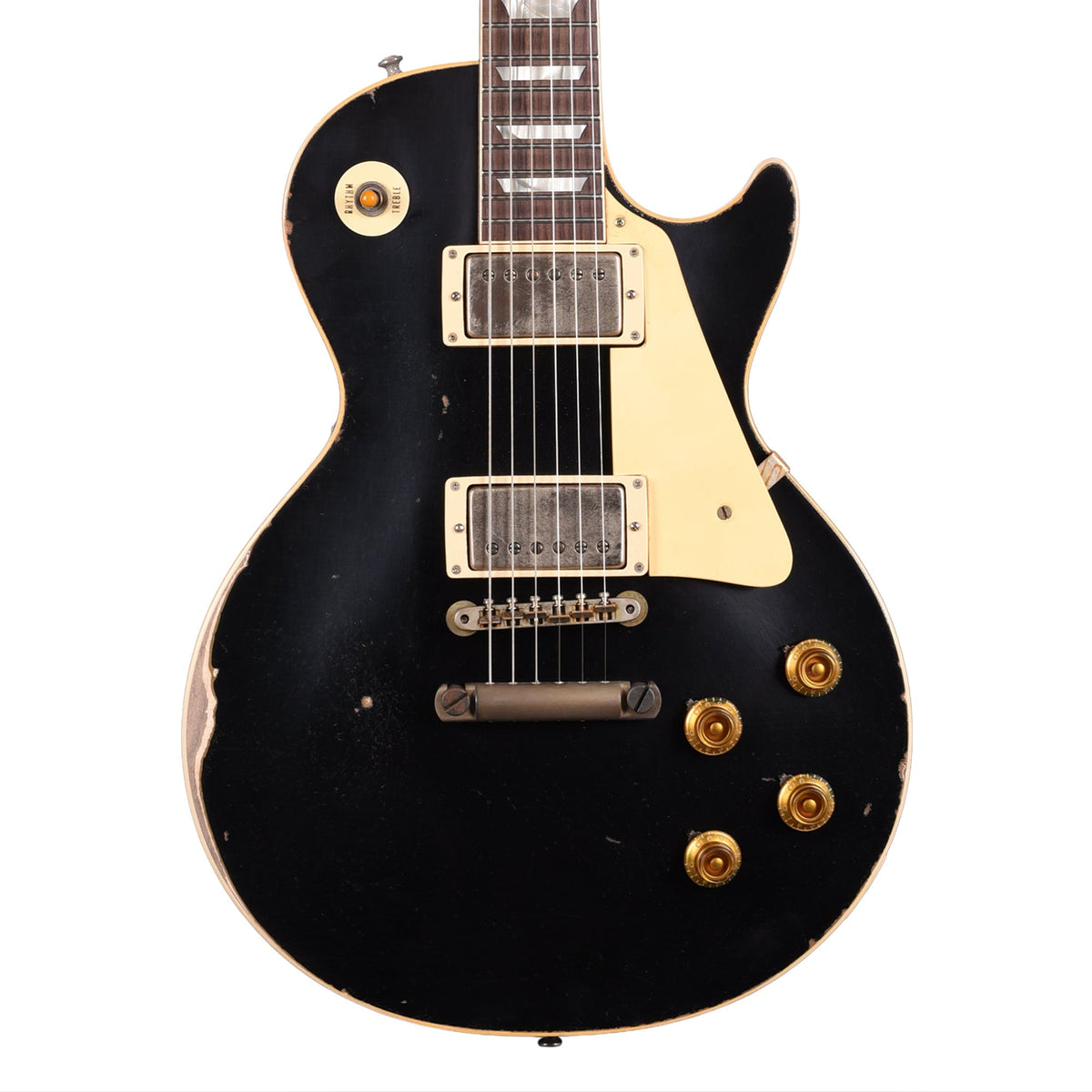 Gibson Custom Shop 1957 Les Paul Standard "CME Spec" Ebony Over Goldtop Murphy Lab Ultra Heavy - Angle 2 | MUSICTONER