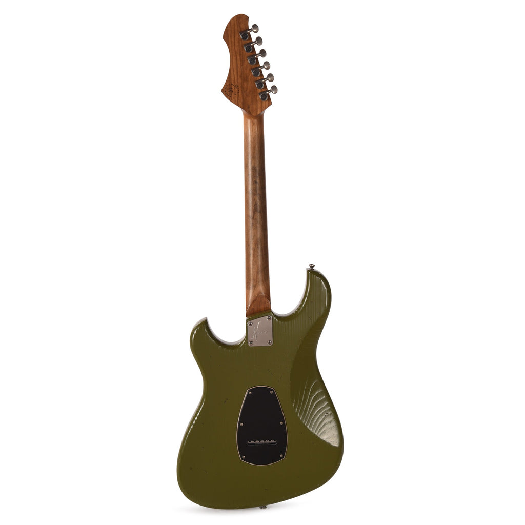 Novo Idris HSS Light Distress Uffington Green w/Fralin Modern PAF/Vintage Hot Strat Pickups - Angle 5 | MUSICTONER