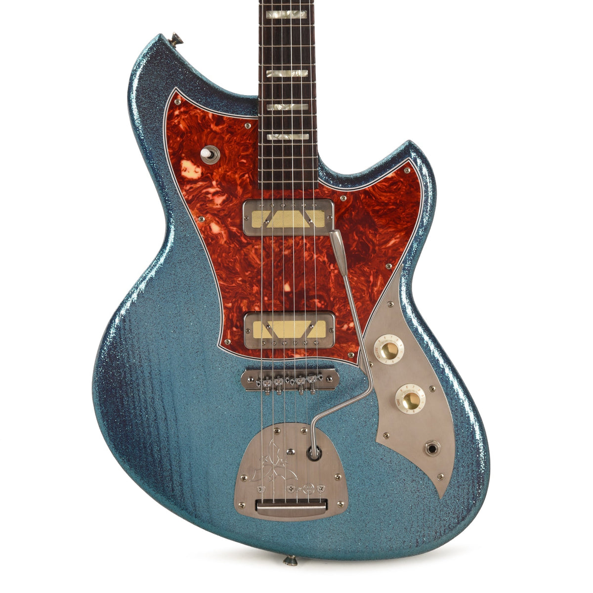 Novo Serus J Custom Lake Placid Blue Sparkle Extra Light Distress w/Lollar Gold Foils - Angle 2 | MUSICTONER